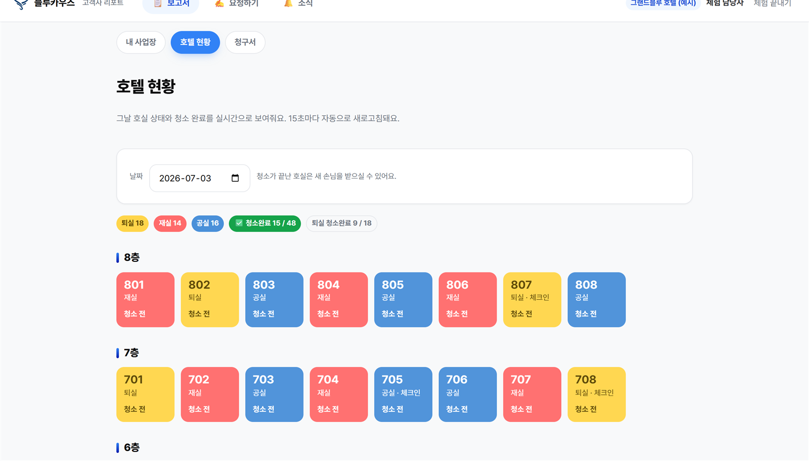 블루카우즈 고객사 포털 — 호텔 객실 실시간 현황 화면