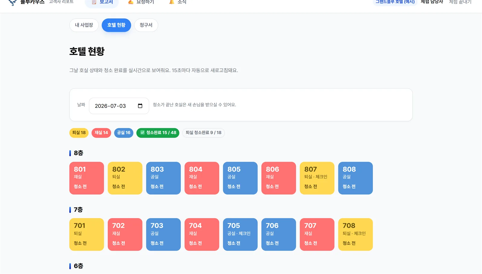 블루카우즈 고객사 포털 — 호텔 객실 실시간 현황 화면